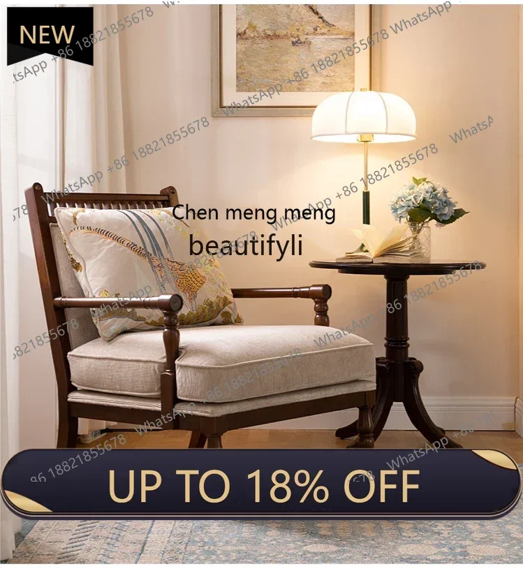 

P178 French Retro Solid Wood Single Sofa American Country Fabric Wingback Chair Casual Belt Armrest Chair