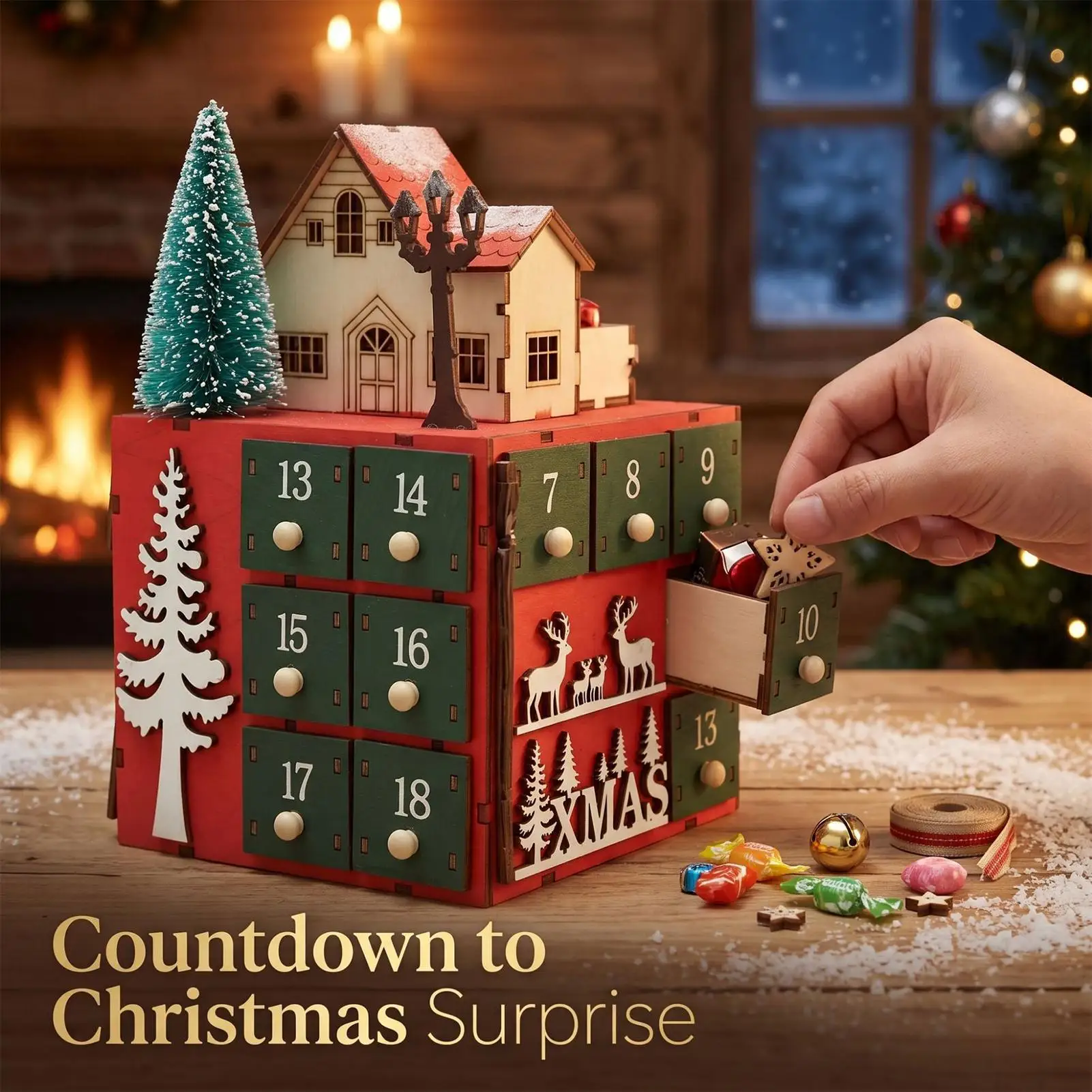 Christmas Countdown 24 Day Village-Shaped Wooden Reusable Organizer Cube Wooden Calendar for Holiday Home Office Desktop