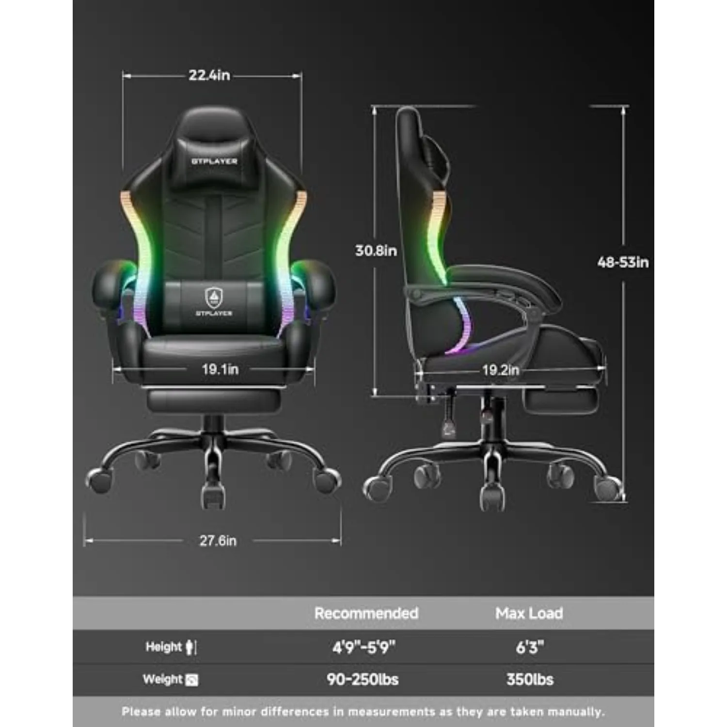 Gaming Chair, Computer Game Chair for Adults, RGB Black | Ergonomic Comfort Video Game Chair with Footrest view 3