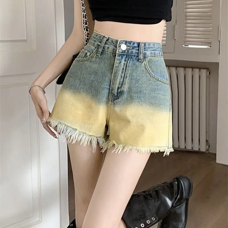 

New summer gradient color high waist slimming shorts spicy girl versatile A-line fashion ins street versatile denim shorts