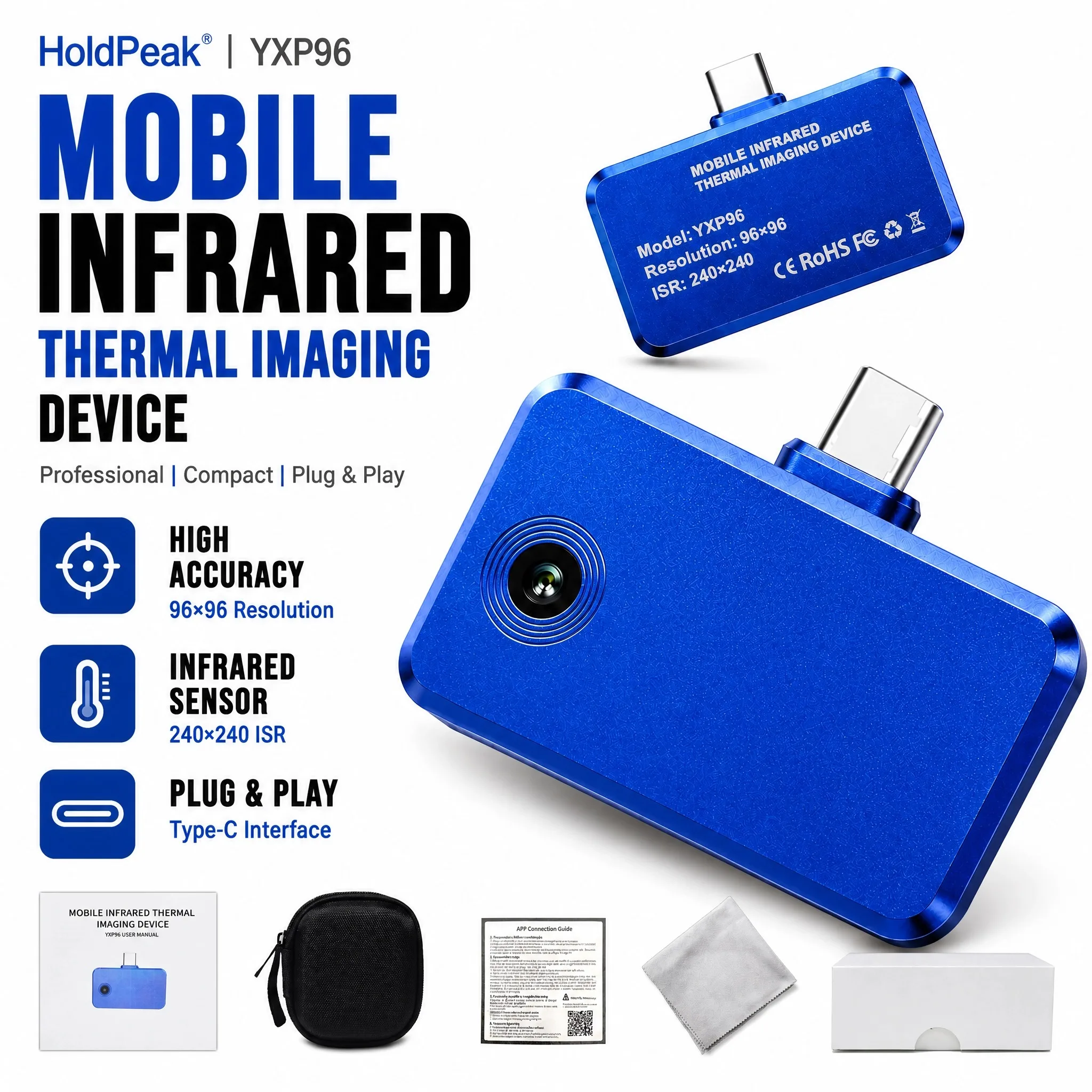 HoldPeak YXP96 Mobile Thermal Imager 96×96 Resolution -20℃~550℃ Industrial Inspection Photo & Video Recording Multi‑language APP
