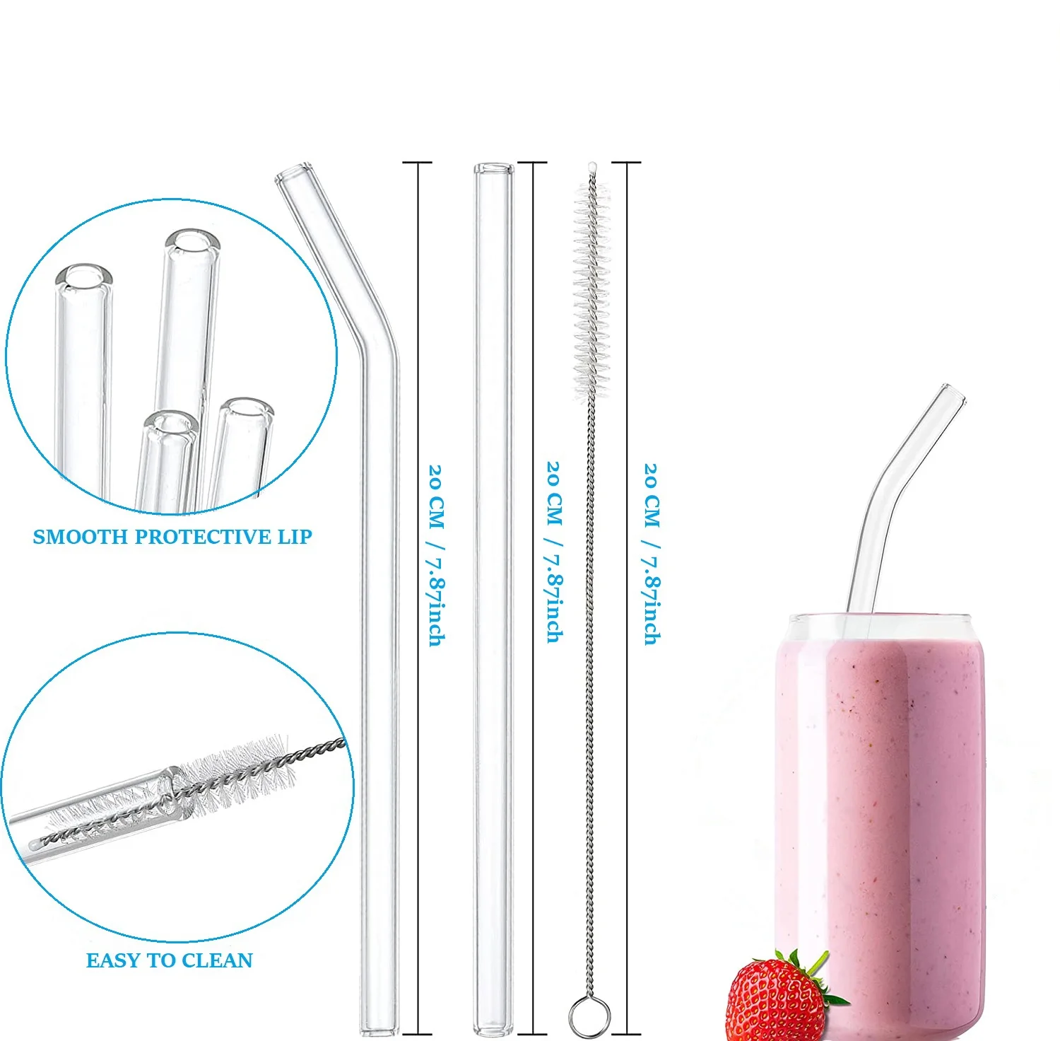 Coloful Reusable Glass Straws Set for Juice / Beverage / Smoothie / Shakemile, Dishwasher Safe and Shatter Resistant .