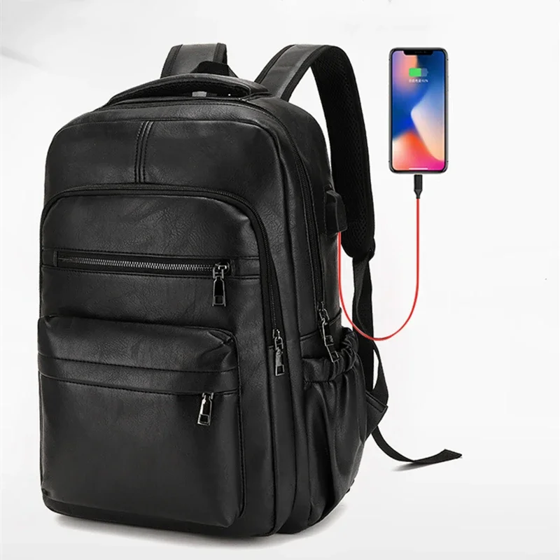 

High Quality USB Charging Backpack Men PU Leather Bagpack Large Laptop Backpacks Male Mochilas Schoolbag For Teenagers Boys