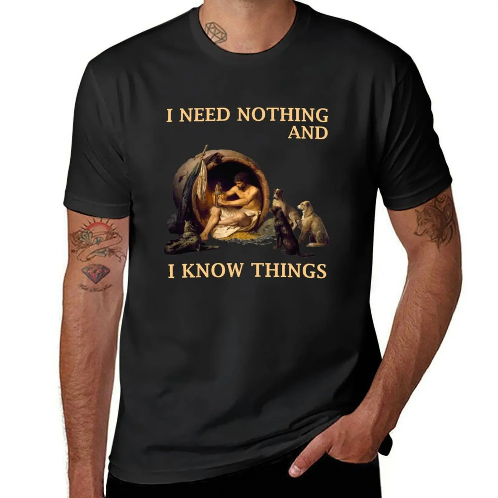 Diogenes - I Need Nothing And Know Things - Fun Philosophy Design T-Shirt summer top cute tops vintage mens champion t shirts