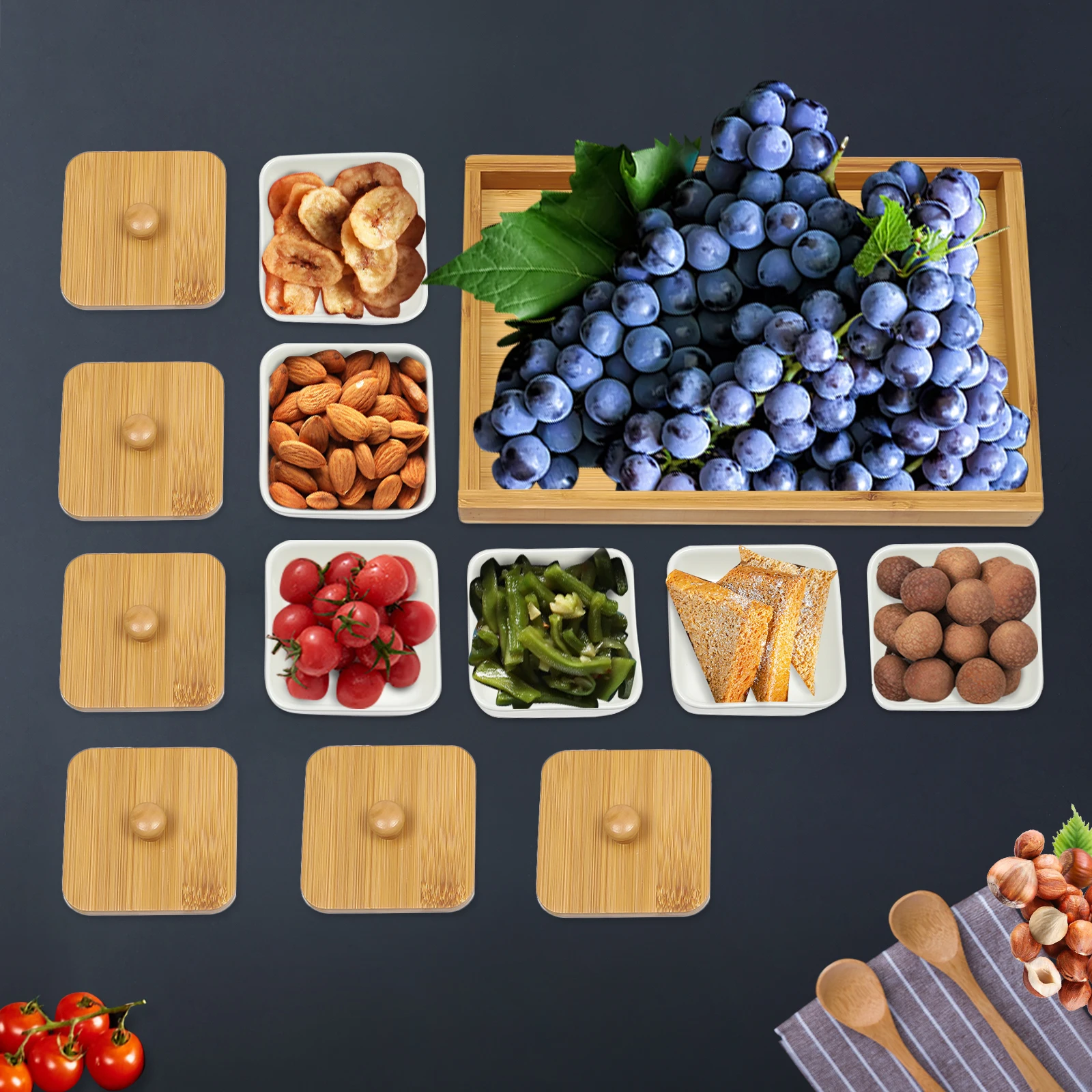 

Bamboo Snack Plate Ceramic Grid 9 Tray Compartment Sauce Dish Japanese Sushi Plate Hotpot Serving Platter Tea Table Dry Fruit