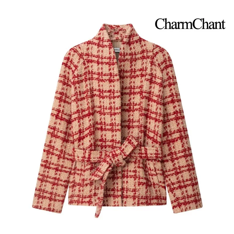 CHARMCHANT Women's Plaid Tweed Jacket Tie Belt Stand Collar Raglan Sleeve Textured Wrap Coat Jacket Casual Outwear 2026