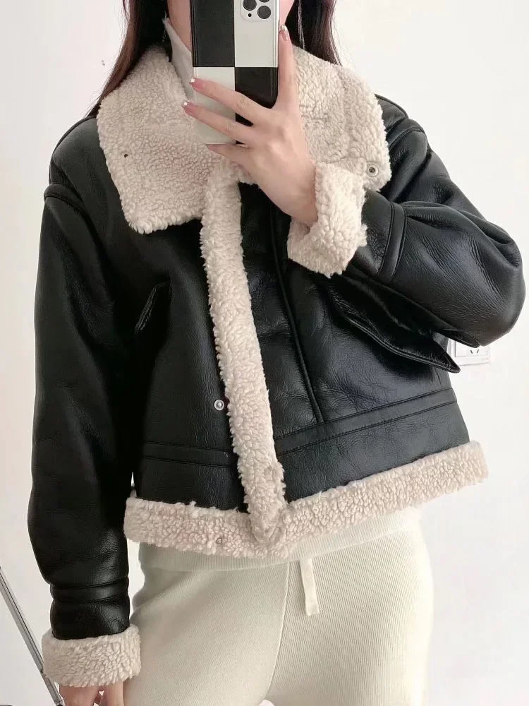 Winter Jacket Women Short Faux Leather Coat Shearling Sheepskin Retro Motorcycle Parkas Fleece Female Snow Outwear