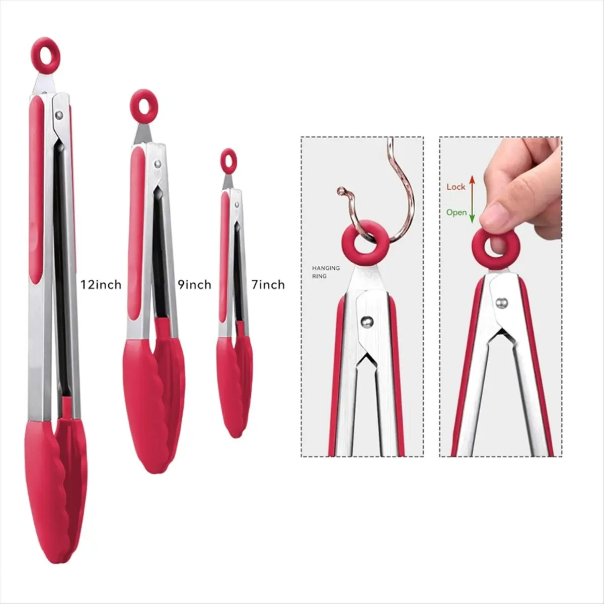 N14R Top 3-Piece Premium Stainless Steel Locking Kitchen Tongs with Silicon Tips, Set of 3-7inch, 9inch and 12inch Red