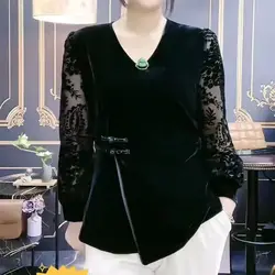 Jersey para mujer, camisa de terciopelo dorado con estampado, Tops holgados de encaje de manga larga con cuello en V para oficina para primavera y otoño