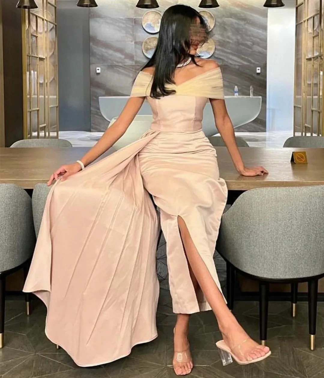 

Pink Satin Long Prom Dress Off Shoulder Evening Dresses With Slit Pleated Ankle Length Saudi Arabia Women's Wedding Party Gowns