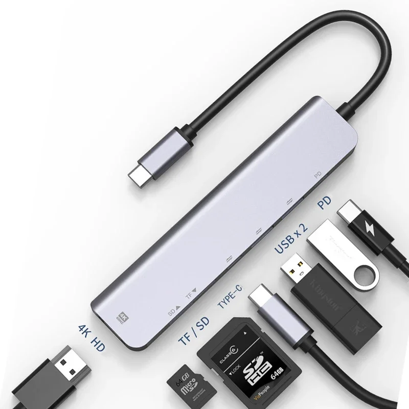 Adaptador Hub USB-C 7 en 1 con USB 3.1, HDTV 4K 30Hz, USB 3.0, USB 2.0, Lector de Tarjetas SD y TF, Carga USB-C PD para Macbook