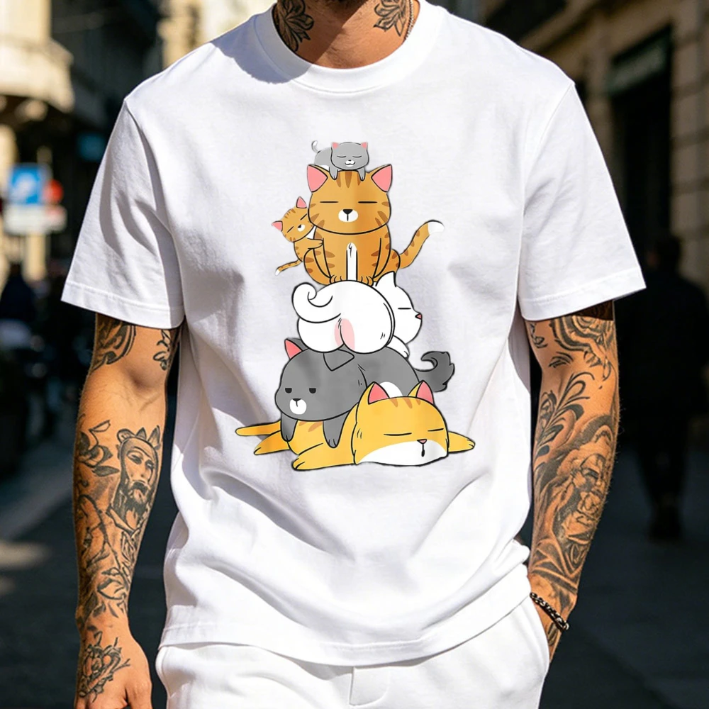 Pile of Cats - Cats Stacking Cute Funny Cat Lover Cotton T-Shirt Graphic T Shirts Harajuku Oversized T Shirt Men Clothing Tees