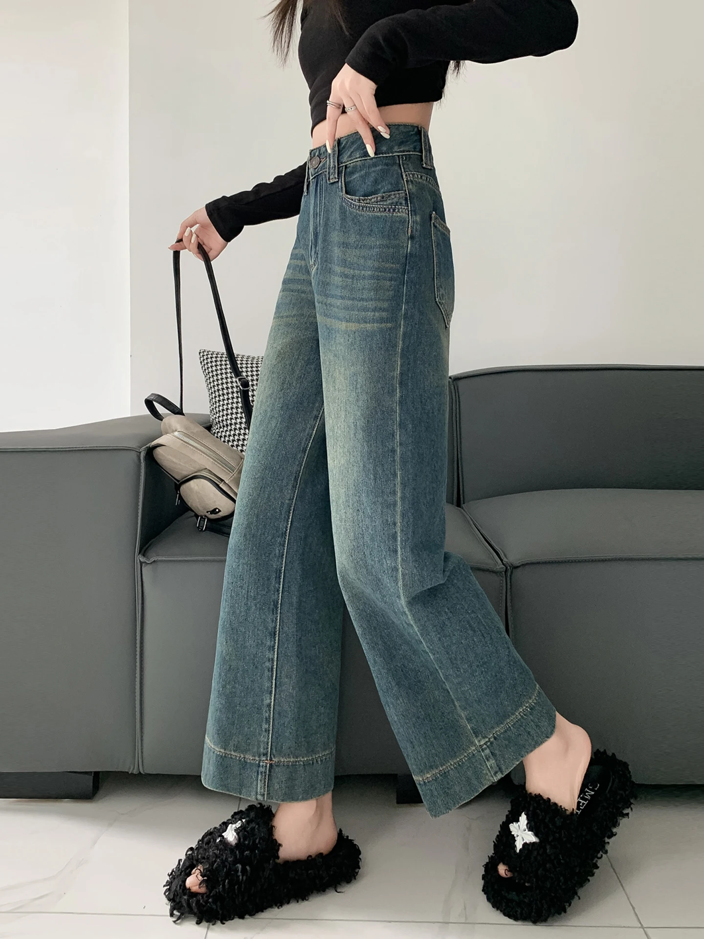 

Ретро-синие джинсы с высокой талией и широкими штанинами, женские брюки прямого кроя, весна-осень, новинка, комфортные, с эффектом похудения