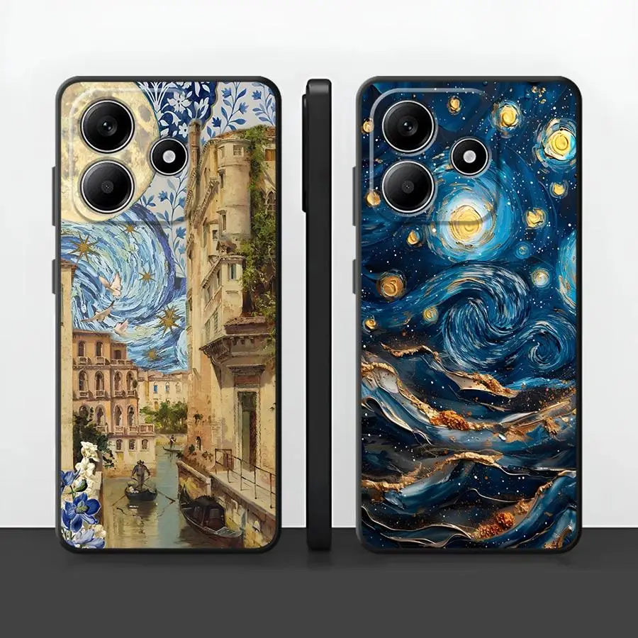 Capa de telefone macia preta para xiaomi redmi note 10s 11s 7 8 13 14 pro plus 9 10 11 12 pro 12s 9s pintura a óleo céu lua