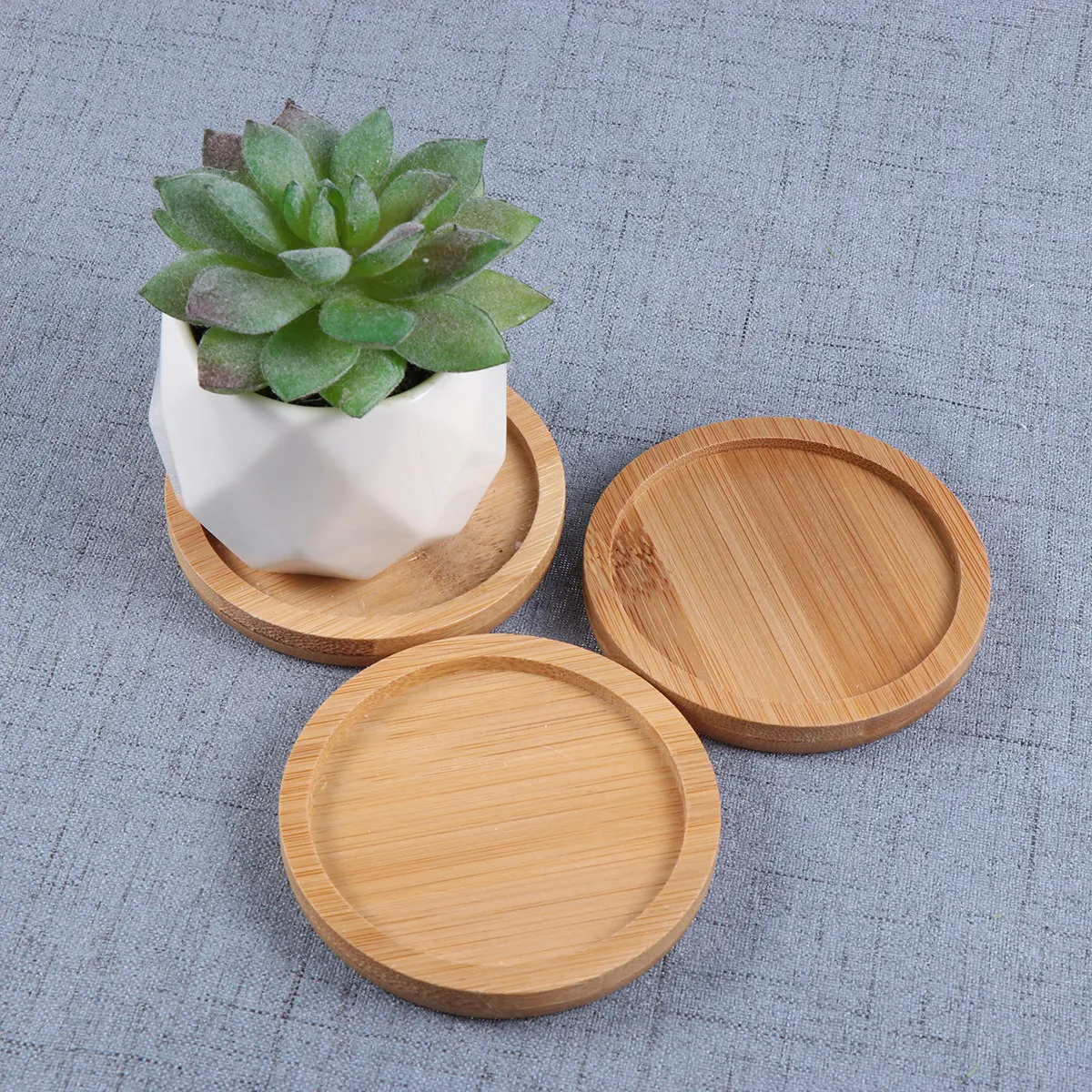 3Pcs Succulent Flowerpot Tray Bamboo Round Shape Mini Size Solid Wood Flower Pot Coaster Serving Plate Stackable Home Use