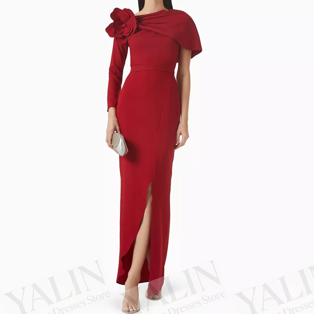 

Women's Straight Evening Dresses Ankle-length Boat Neck Full Sleeve Prom Gown Fashion Flowers Stole Side-split Customized Gowns