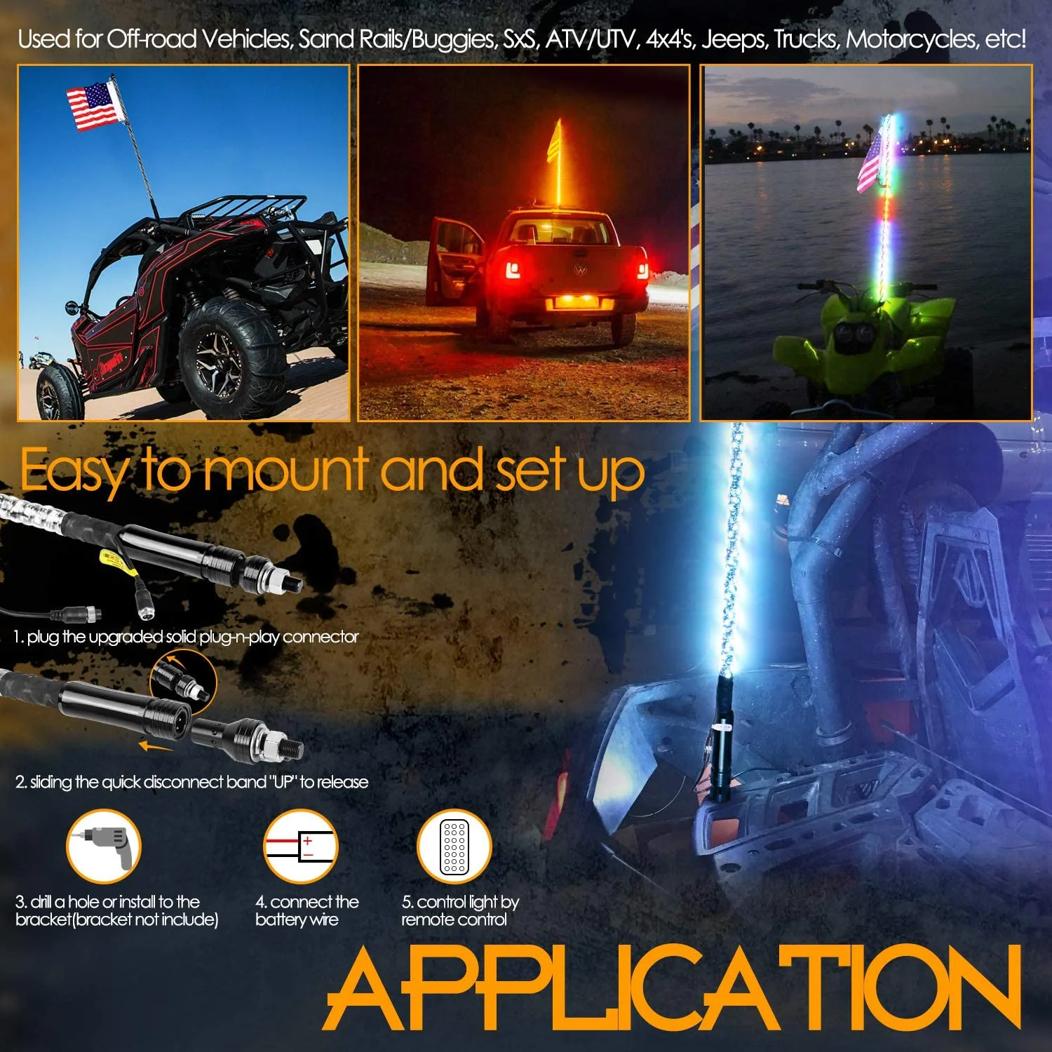 Antenne universali per camion Rgb Guasto bandiera LoyoLights Antena Led Frusta Luce flessibile Atv 4X4 Frusta Luci Utv Atv Accessori