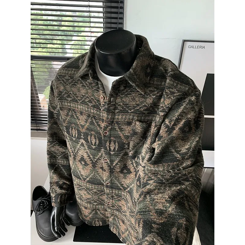 

Autumn New Vintage Baroque Woolen Shirt, Boutique Fashion Personalized Men's Large Collar Loose Jacket, Men's Coat Shirt Sweater