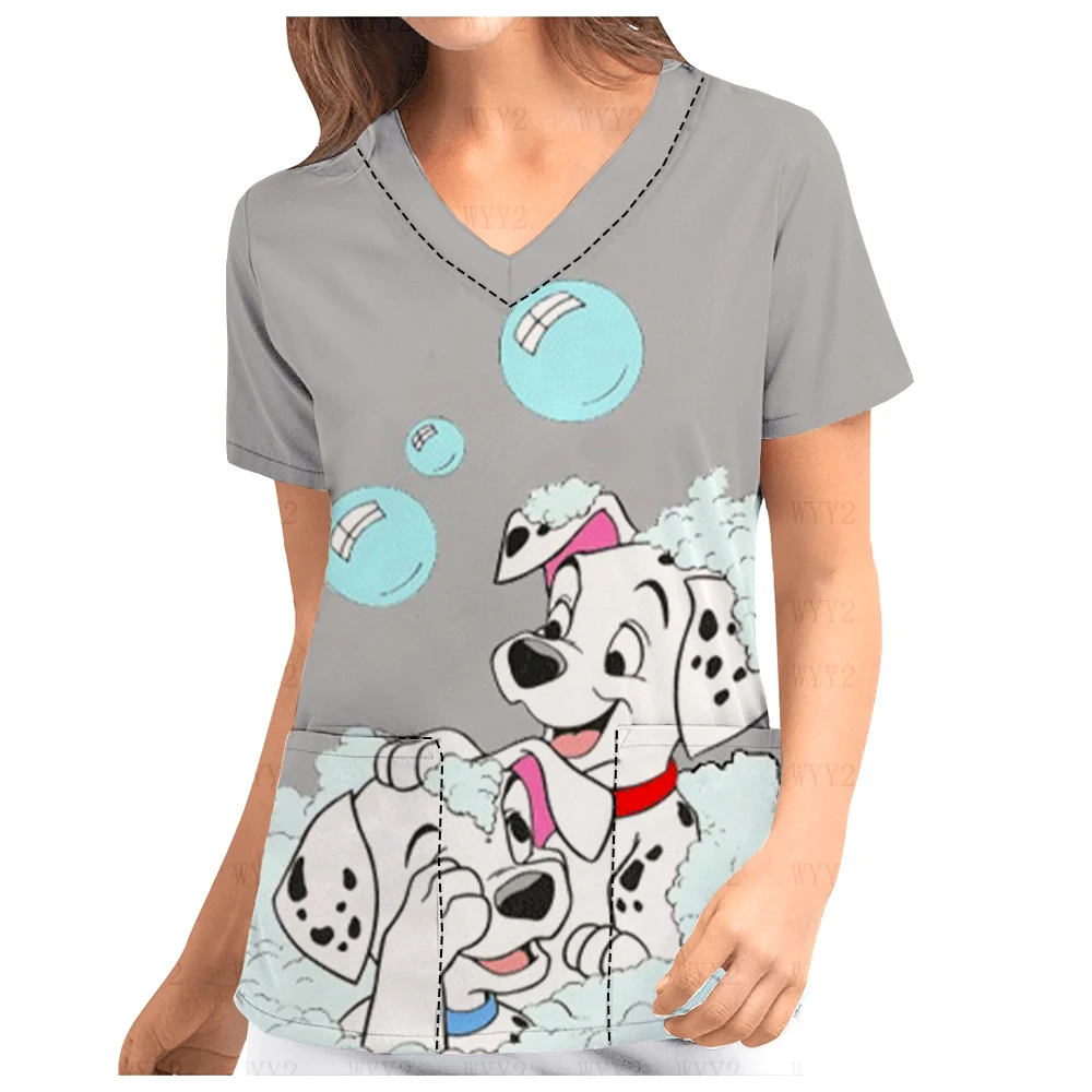 2025 New Disney Series Printed Dog Pattern Childlike Women's Hospital Nursing Home Flower Shop V-neck Printed Frosted Top