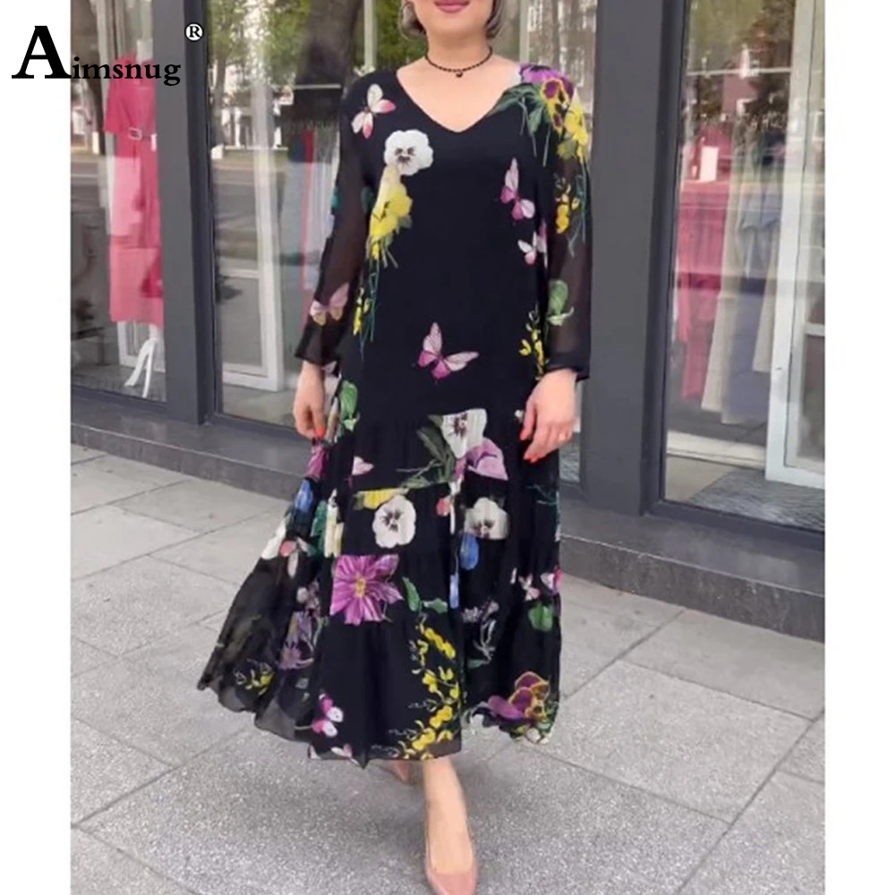 Women Long Sleeves A-line Chiffon Party Dress Plus Size Female Boho Flower Print Befree Dress Ladies Elegant Long Maxi Dresses