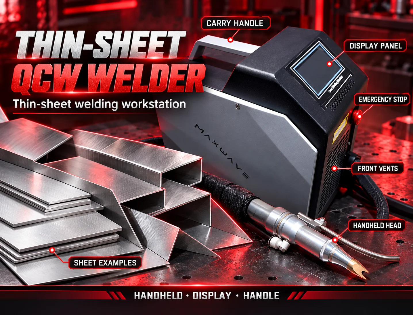 Compact QCW Thin Sheet Welding System with Connected Handheld Head, Control Display and Carry Handle