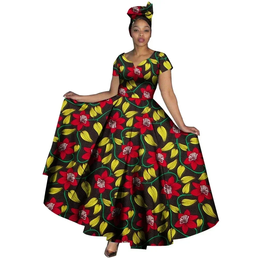 Fashion Women Clothes African Dresses Ankara Print V-neck Maix Long Dresses with Head Scarf Dashiki Women Outfit WY749