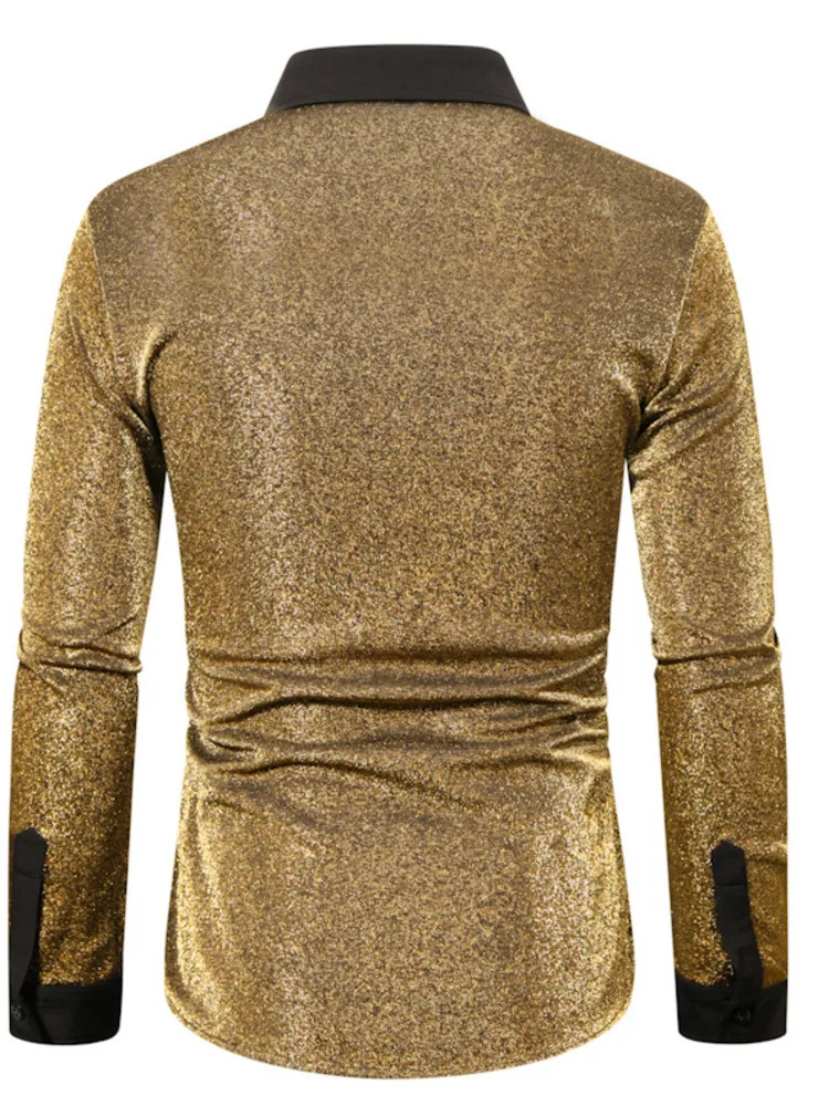 #4673 Spring Autumn Long Sleeve Shirts Men Shinny Gold Silver Purple Split Joint Streetwear Men's Shirt Loose Pary Night Club