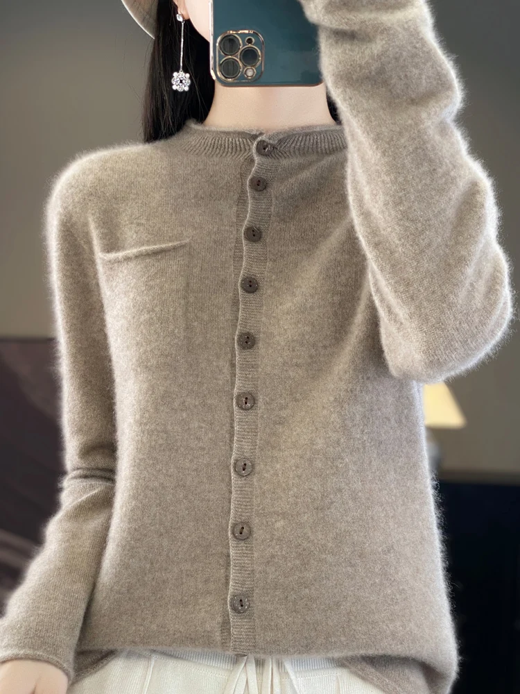 Fashion Spring Autumn Long Sleeve Women Cashmere Knitwear Cardigan 100% Merino Wool Sweater Mock Neck Basic Elegant Clothing Top