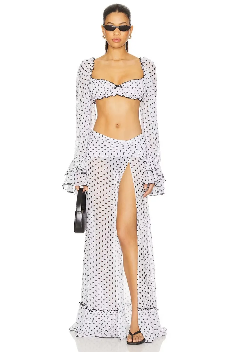 Damen Polka Dot Chiffon 2-teiliges Set, Crop-Top & Maxirock, transparentes Strandkleid, Sommer-Badeanzug-Überwurf, Urlaubsoutfit – Detail 7