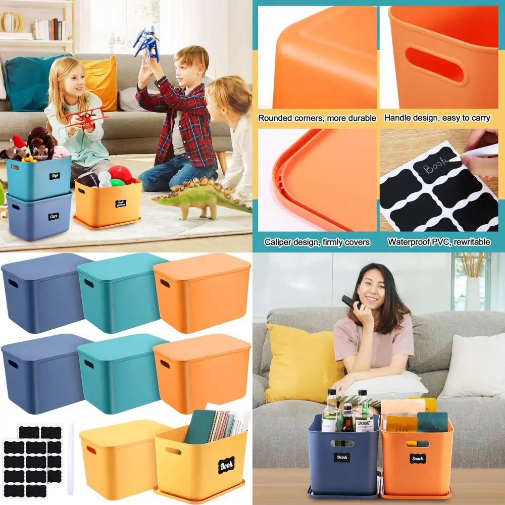 

Stackable Plastic Storage Bins with Lids and Handles, 8-Piece Set, Colorful for Home and Office, 16 Stickers and Erasable Marker