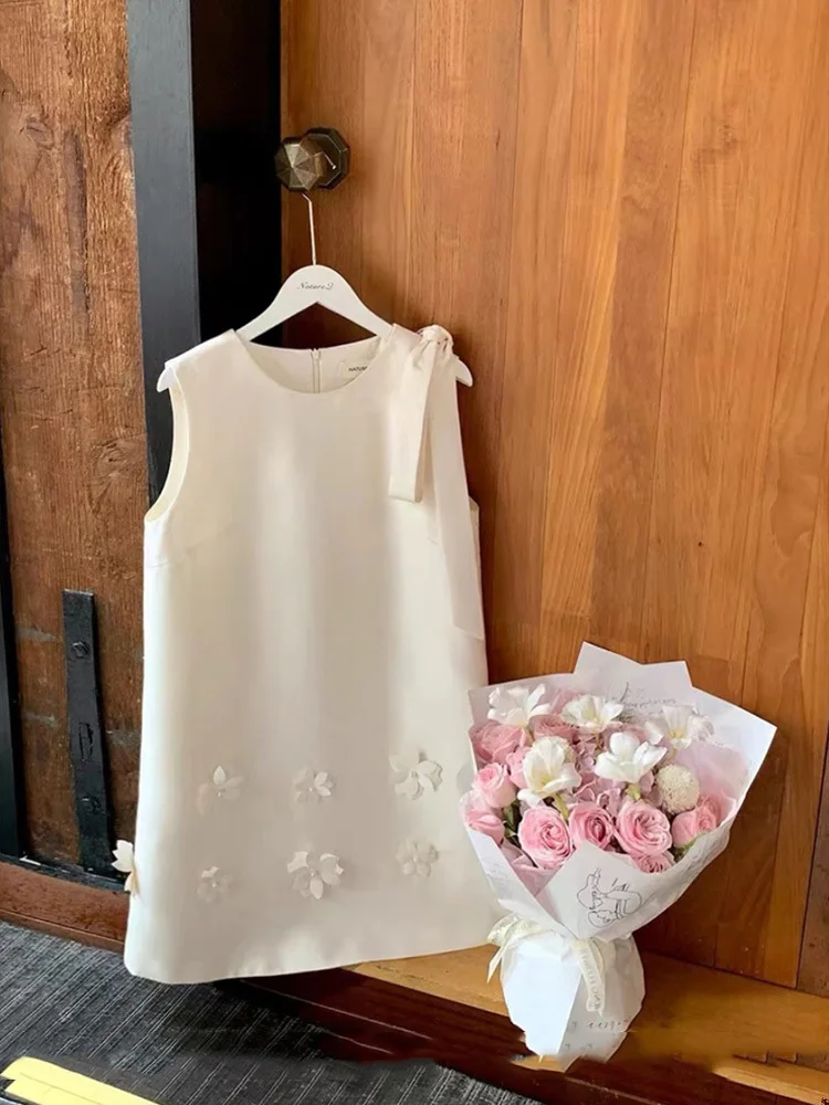 فستان صغير أنيق ثلاثي الأبعاد برقبة دائرية ، بدون أكمام ، خزان قصير ، فستان حفلات ، موضة صيفية ، بيج ، أرجواني ، عطلة