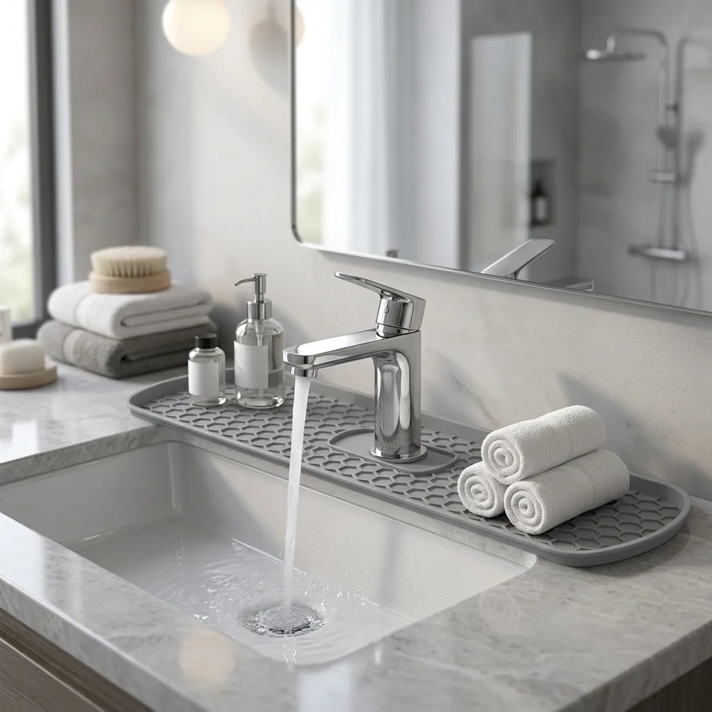 35x17x2cm Grey Silicone Toilet Tank Tray No Drill Mounting for Toiletries Sink Drain Storage Bathroom Accessory