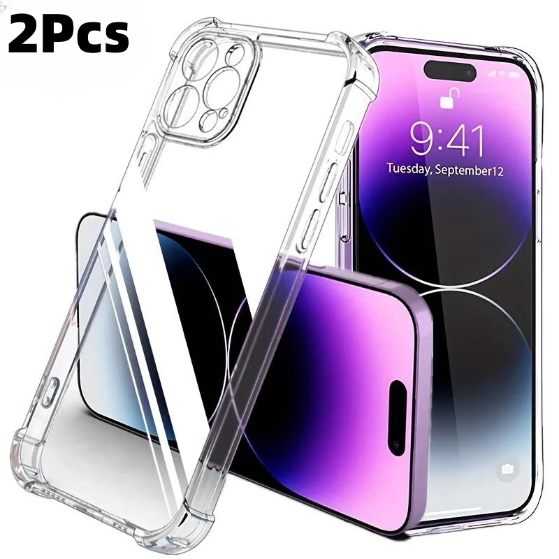 2Pcs Clear Ultra-thin Phone Case For IPhone 15 14 13 12 11 Pro Max Plus Back Silicone Soft Case For IPhone 13 Mini