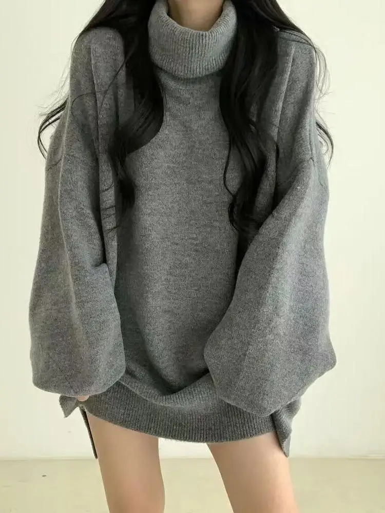 Women Black Gothic Pullover Sweater Harajuku Aesthetic Y2k Long Sleeves Turtleneck Knitted Sweaters Vintage 2000s Clothes Autumn