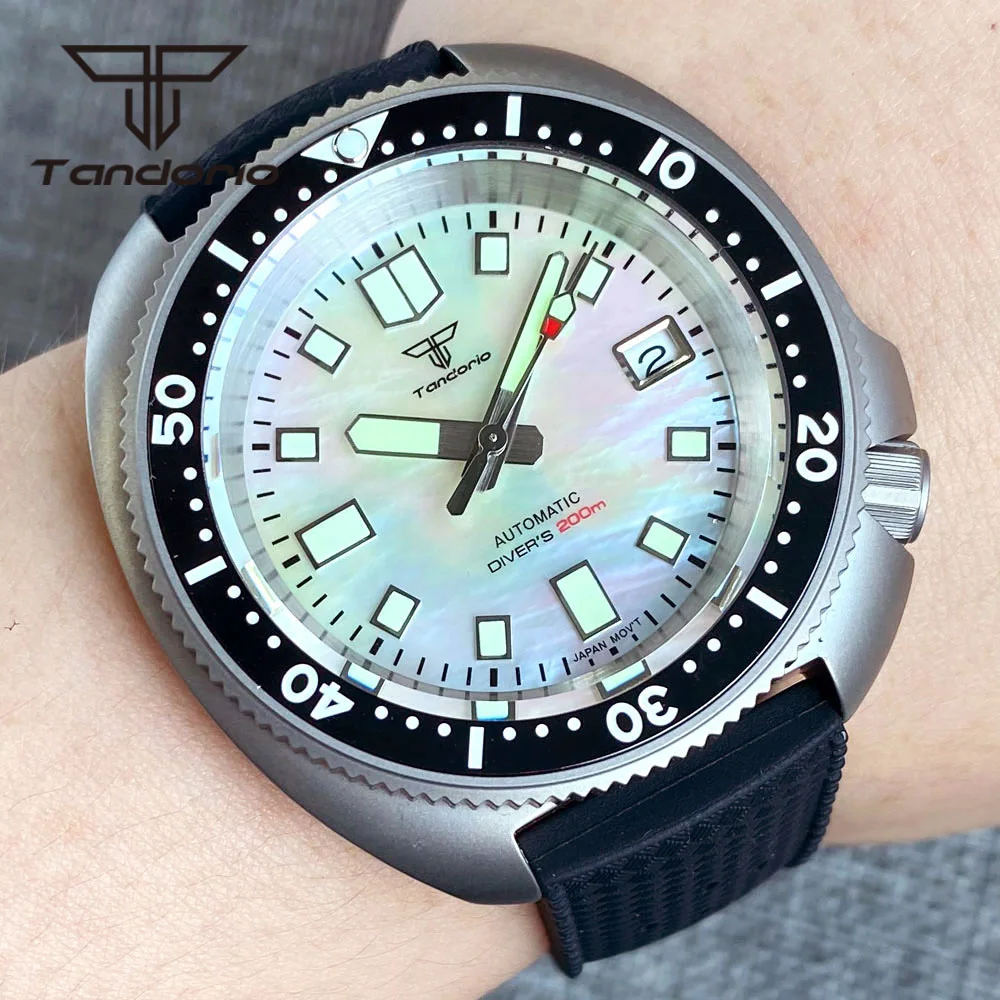 Tandorio-Reloj Automático NH35A para hombre, pulsera de buceo de titanio de 44mm, 20bar, esfera de fregona, cristal de zafiro, bisel de cerámica, fecha, goma luminosa