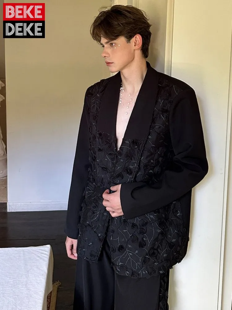 Youthful Men Rose Design Black Blazers Single Button Loose Fit Casual Suit Jacket Fashion Notched Collar High-Quality Outerwear