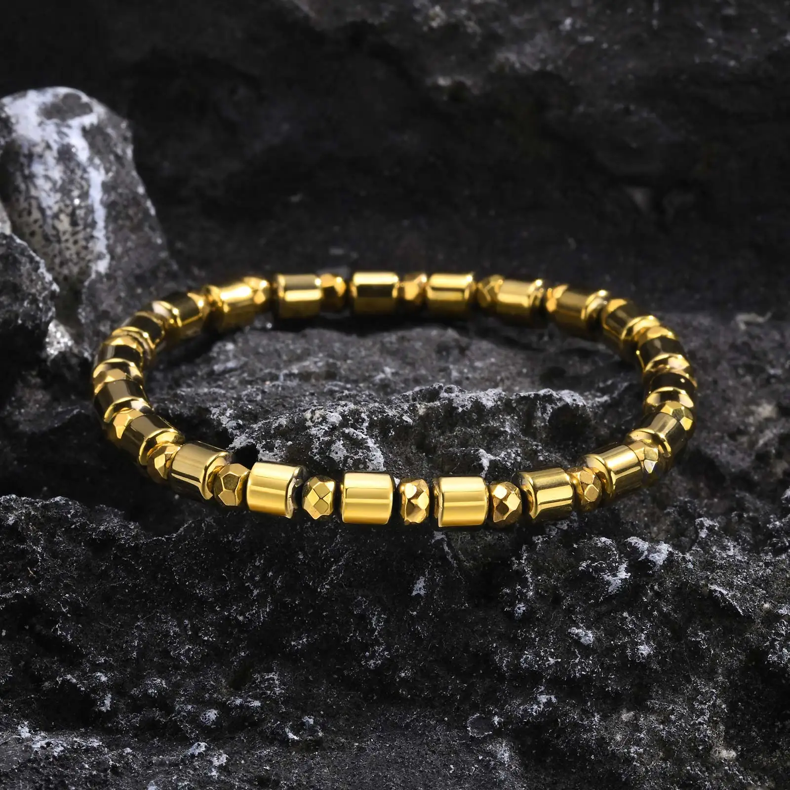 Hematite Beaded Bracelets for Men Boys,Gold Color Cylindrical Beads Bracelet,Eliminating negative energy in the body