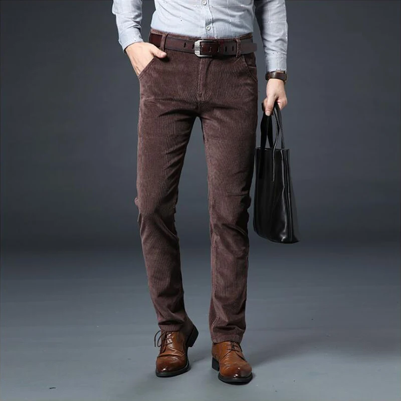 Autumn Winter Men Pants Khaki Black Straight Slim Warm Corduroy Pants Trousers Male Casual Business Jeans Men Overalls