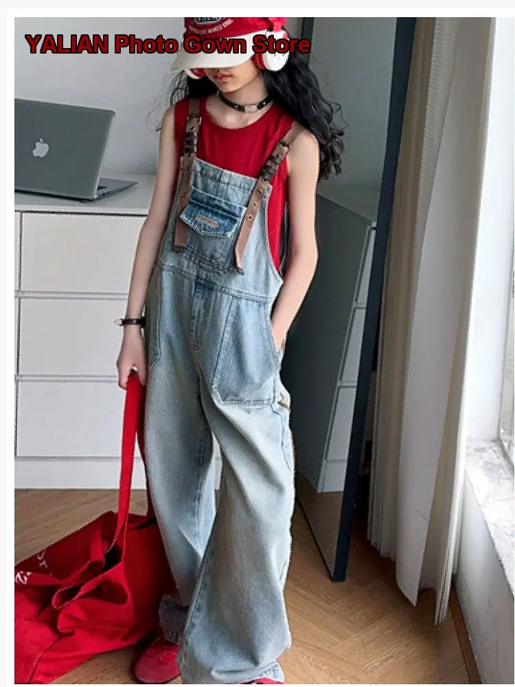 Girls Denim Overalls Kids Summer Embroidered Butterfly Knot Loose Cargo Style