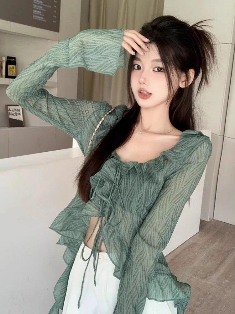 Y2k Aesthetic Irregular Ruffled Bandage Women Blouse ​slim Fit Grunge Shirt Harajuku Flare Sleeve Cropped Blouses