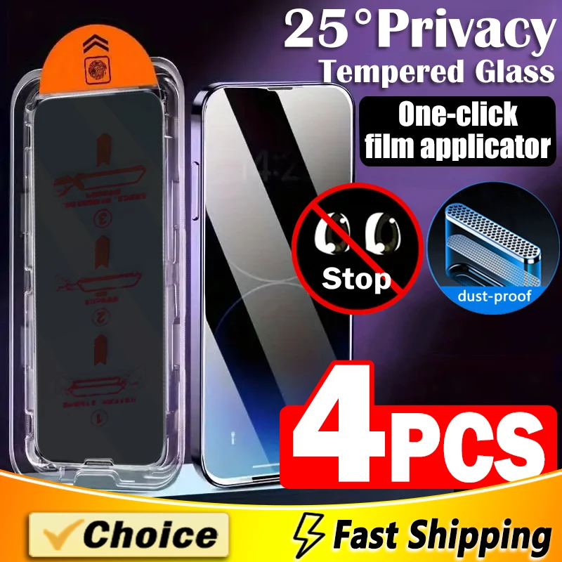 4Pcs Dust free Installation Privacy Screen Protector For iPhone 15 14 13 12 11 Pro Max XS MAX X XR 15 14 Plus Anti Spy Glass