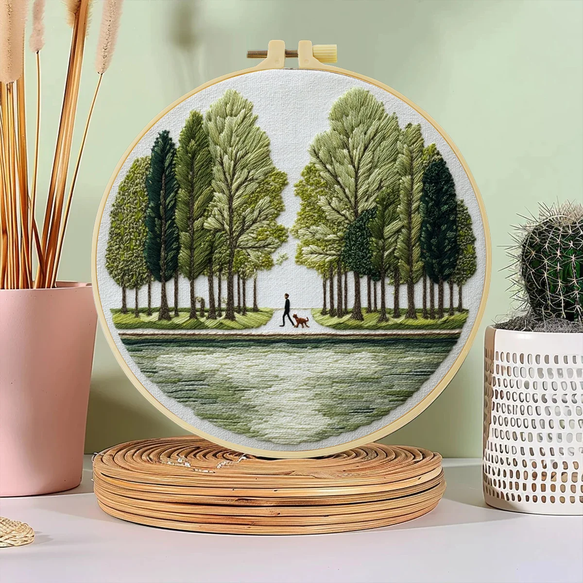 1pc 20X20CM/15X15CM 7.87/6.3inch Embroidery Starter Kit DIY Kit Home Decor, Green Trees, Embroidery Kit