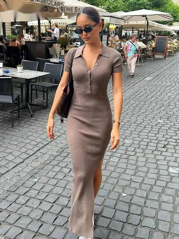 Elegant Office Lady Maxi Jurk Dames Effen Mode Turn-down Kraag Korte Mouw Knop Zijsplit Lichaamsvormende Straat Gewaad RTH1