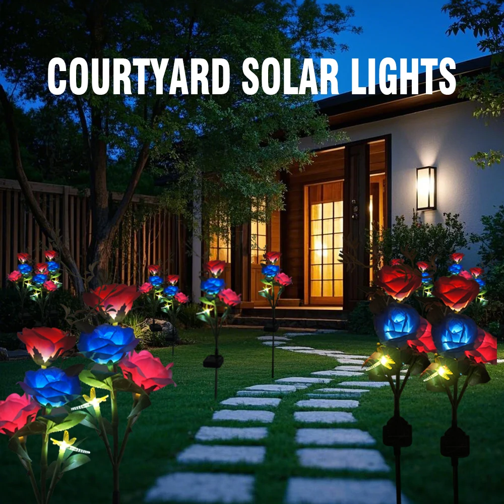

3 Heads Solar Lights Outdoor Decorative Solar Garden Lights Rose Flower Lawn Stake Lamp for Yard Patio Decor with Dragonfly