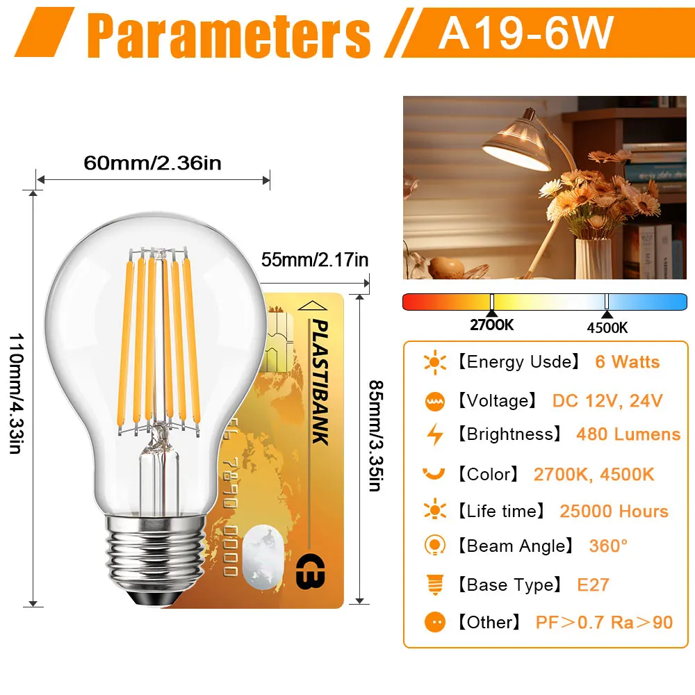 24V 12V Laagspannings LED-lamp Warm Wit 2700K 6W E27 A19 Lichtbronnen voor Off-Grid zonne-energiesystemen, campers, scheepsverlichting