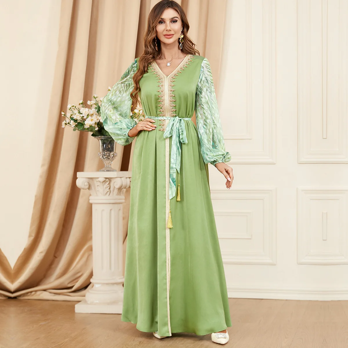 

Elegant Muslim Maxi Dress for Women Refreshing Mint Green Summer Abaya Ethnic Golden Ribbon V Neck Beaded Long Sleeve Jalabiya