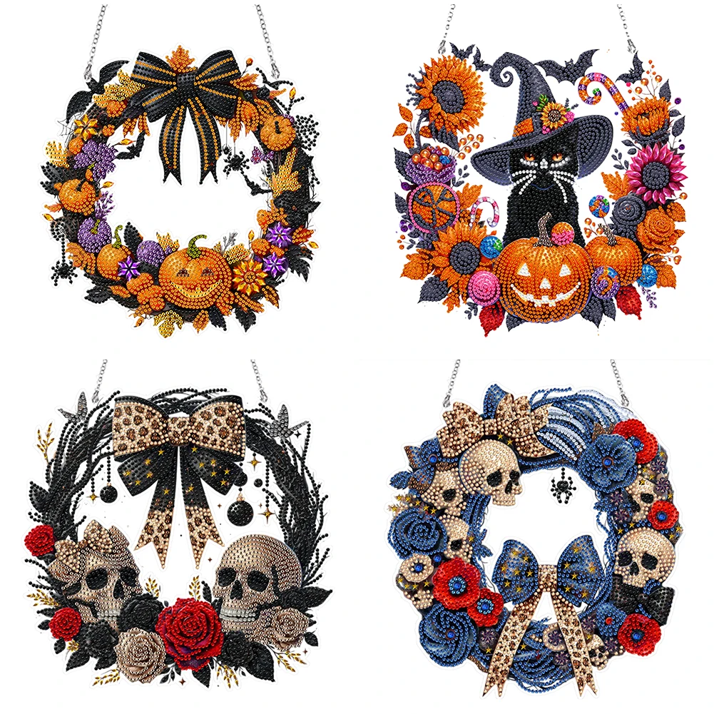 

Acrylic Special Shape Halloween Skull Diamond Painting Garland Wreath Kit Hanging Pendant Diamond Mosaic Embroidery Wall Decor