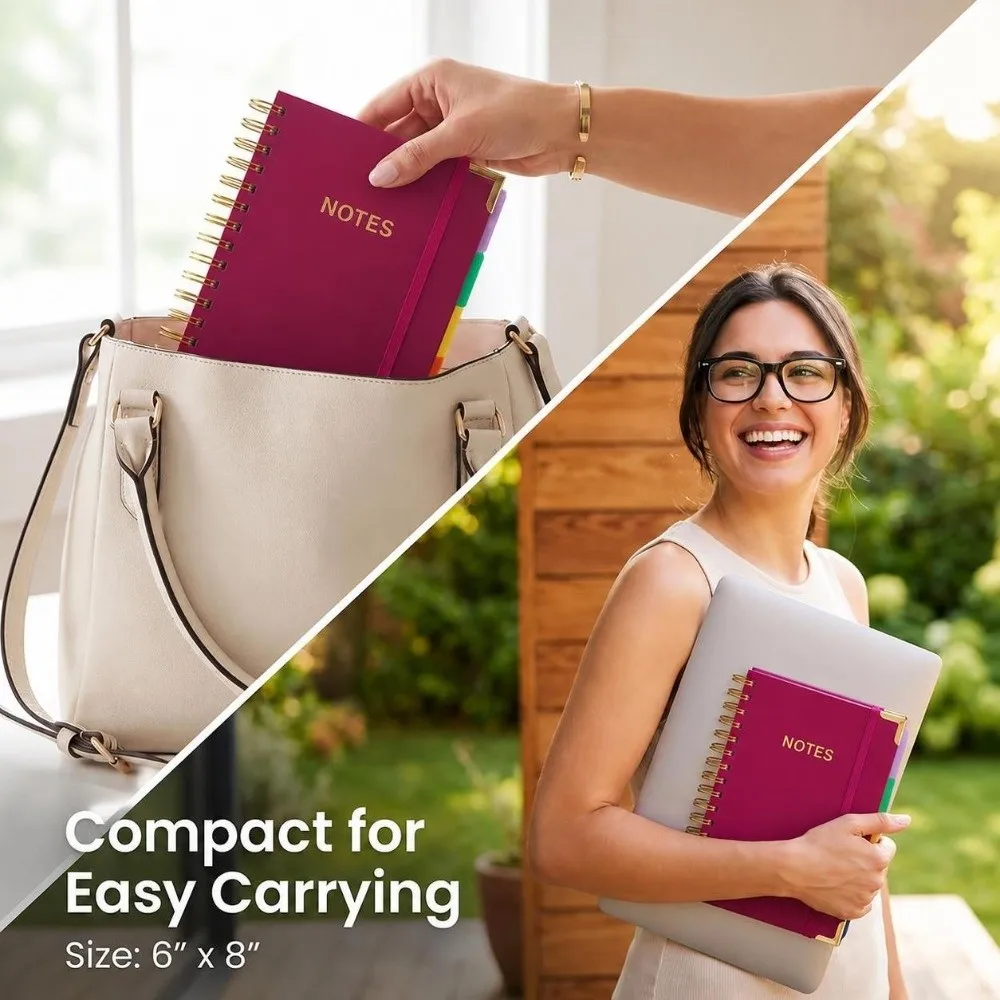 A5 Hardcover Spiral Notebook with Tabs Removable Dividers Journal Notebook Leather Cover Spiral Bound Notebook College Ruled