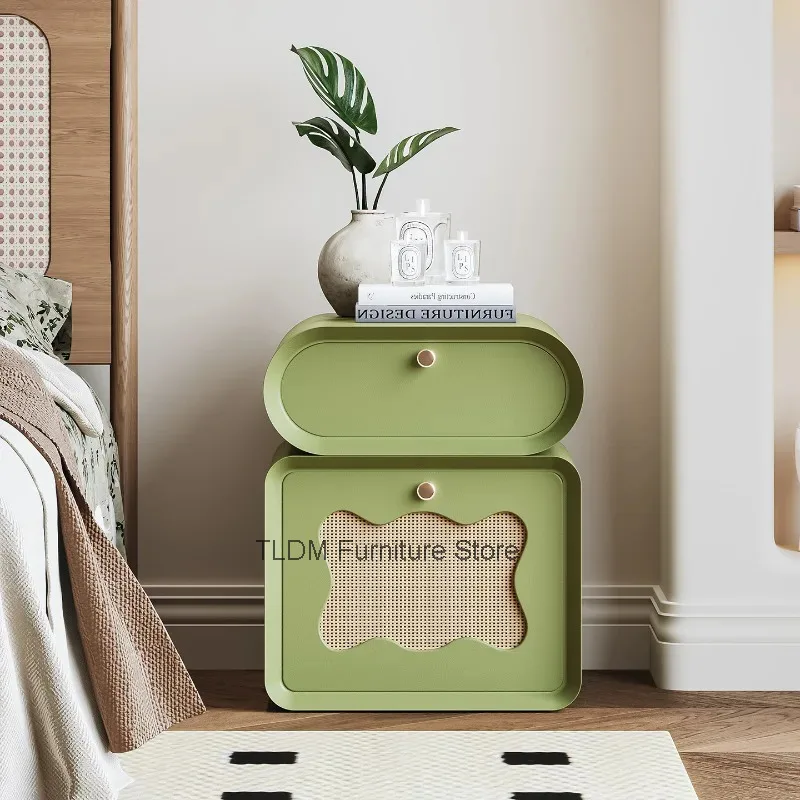 Cream Nightstand Wavy Rattan Cutout Panel Round Full Rounded Edge Minimalist Bedroom Bedside Storage Side Cabinet Furniture