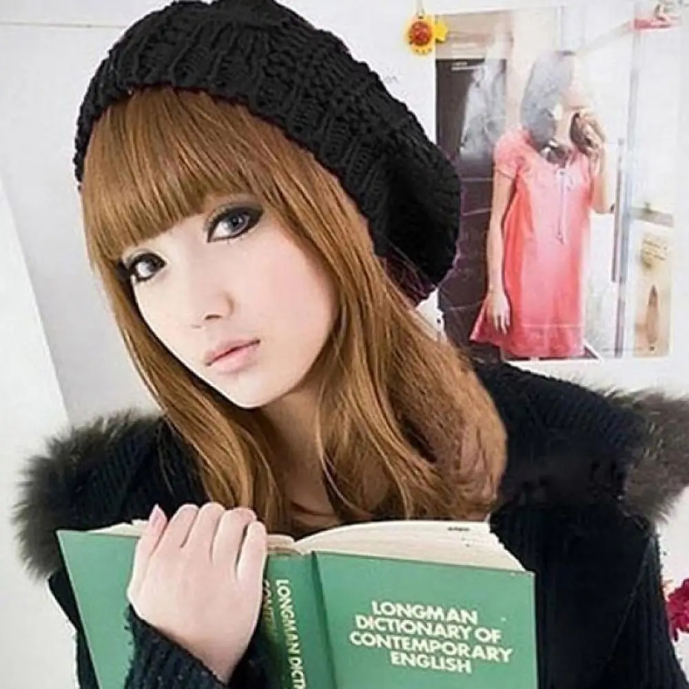 2022 Women's Hat Fashion Beret Braided Baggy Wool Knitted Warm Winter Beanie Hat Women Ski Cap